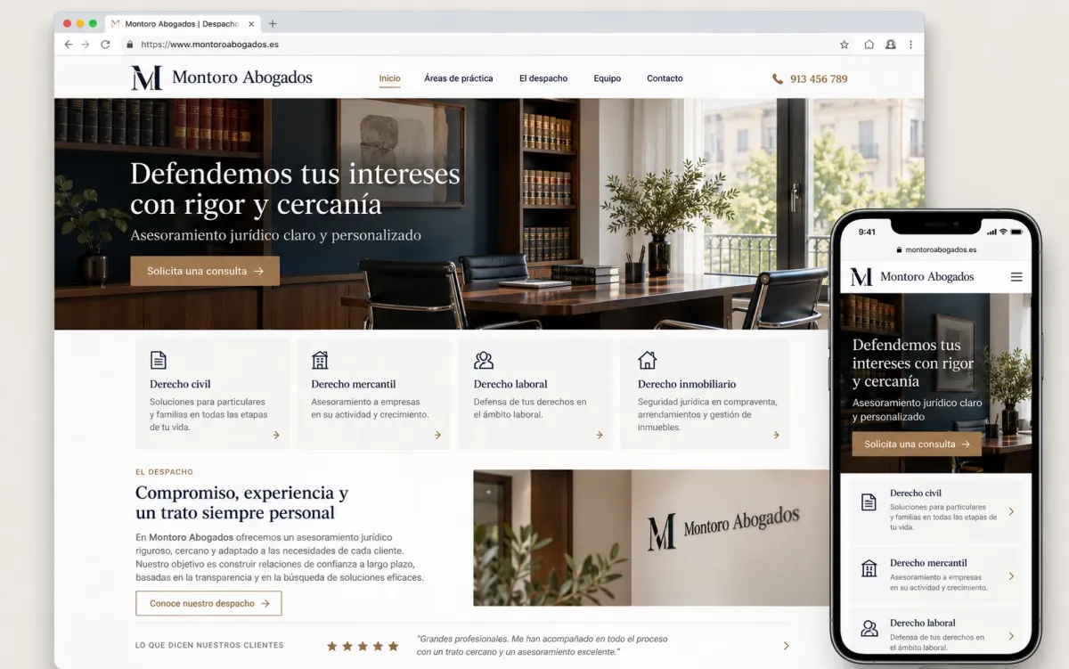 Ejemplo de diseño web para un despacho de abogados, en versión escritorio y móvil