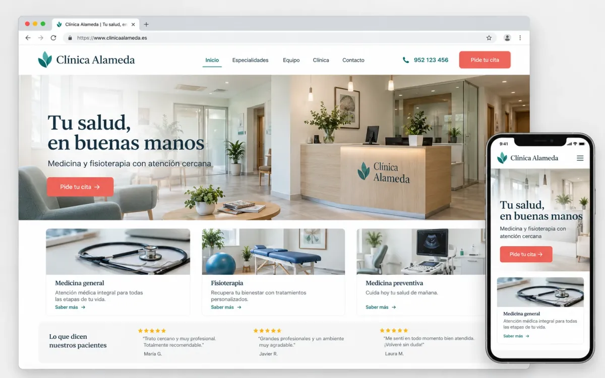 Ejemplo de diseño web para una clínica médica y de fisioterapia, en versión escritorio y móvil