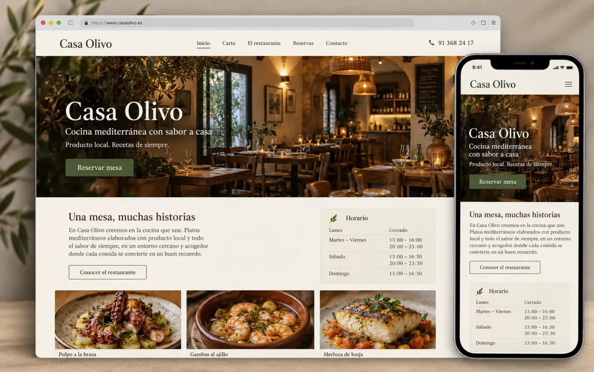 Ejemplo de diseño web para un restaurante, en versión escritorio y móvil